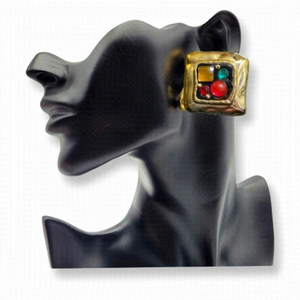 Oversized Vintage Gold Tone Square Sparkling Colourful Clip On Earrings